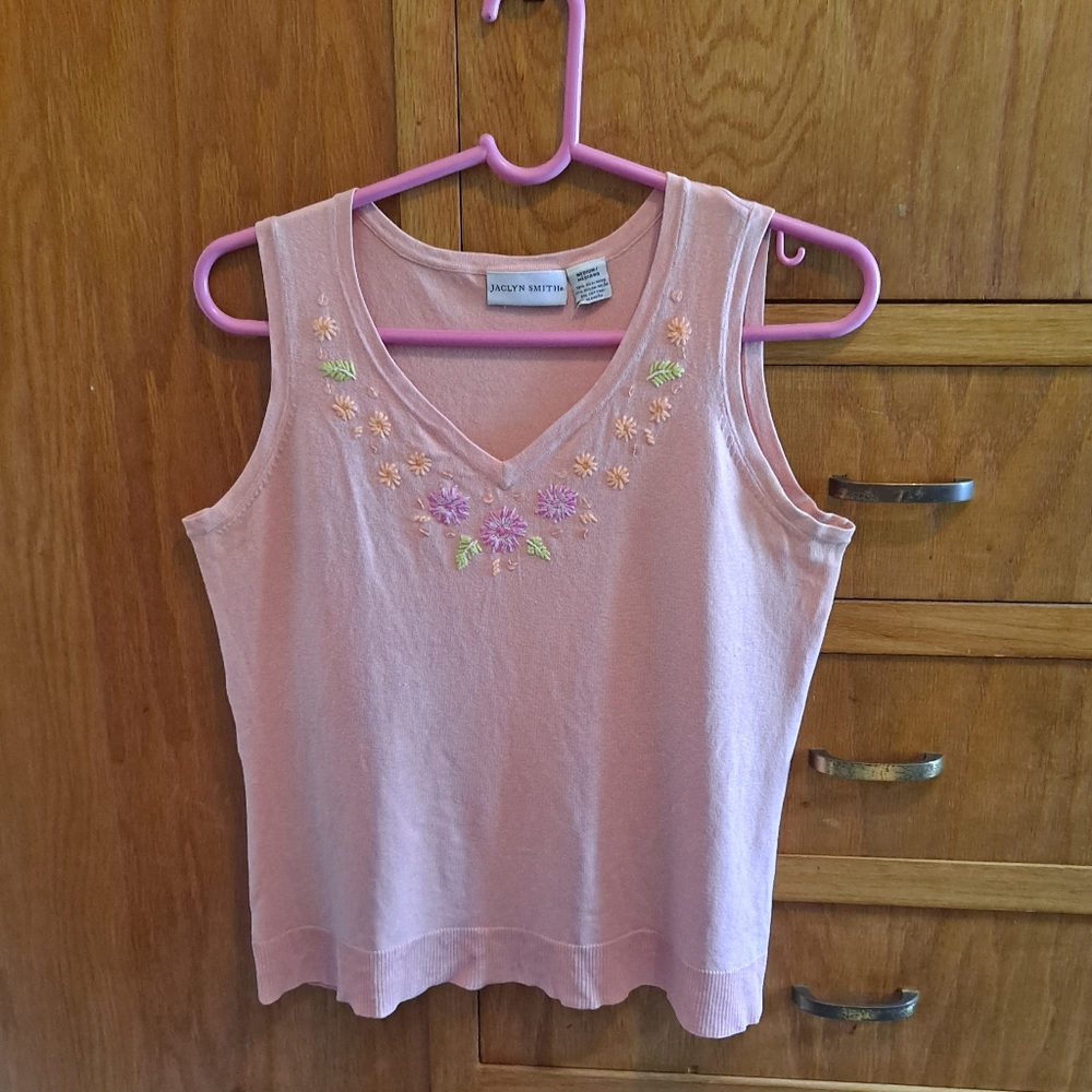 Jaclyn Smith | Vintage Silk Tank Pink Floral Embroidery